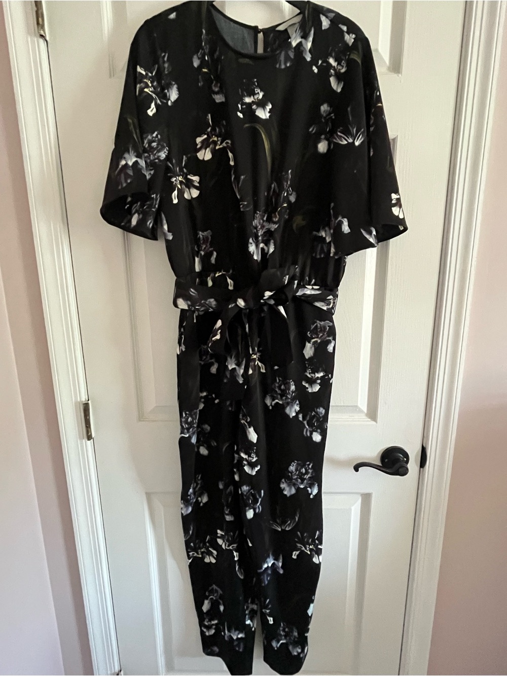 H&M Black Floral Jumpsuit with White and Gray Print